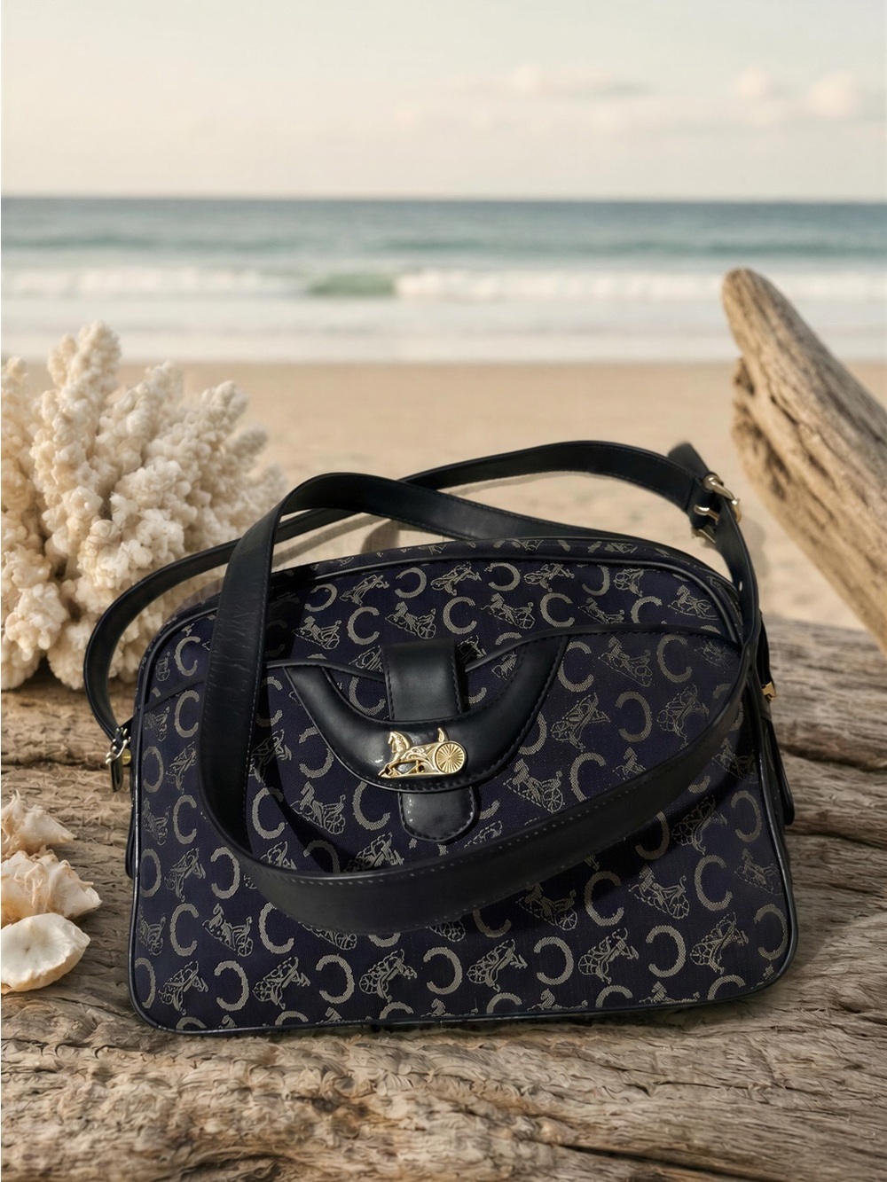 Celine Vintage Navy Monogram Crossbody Bag with Gold Accent